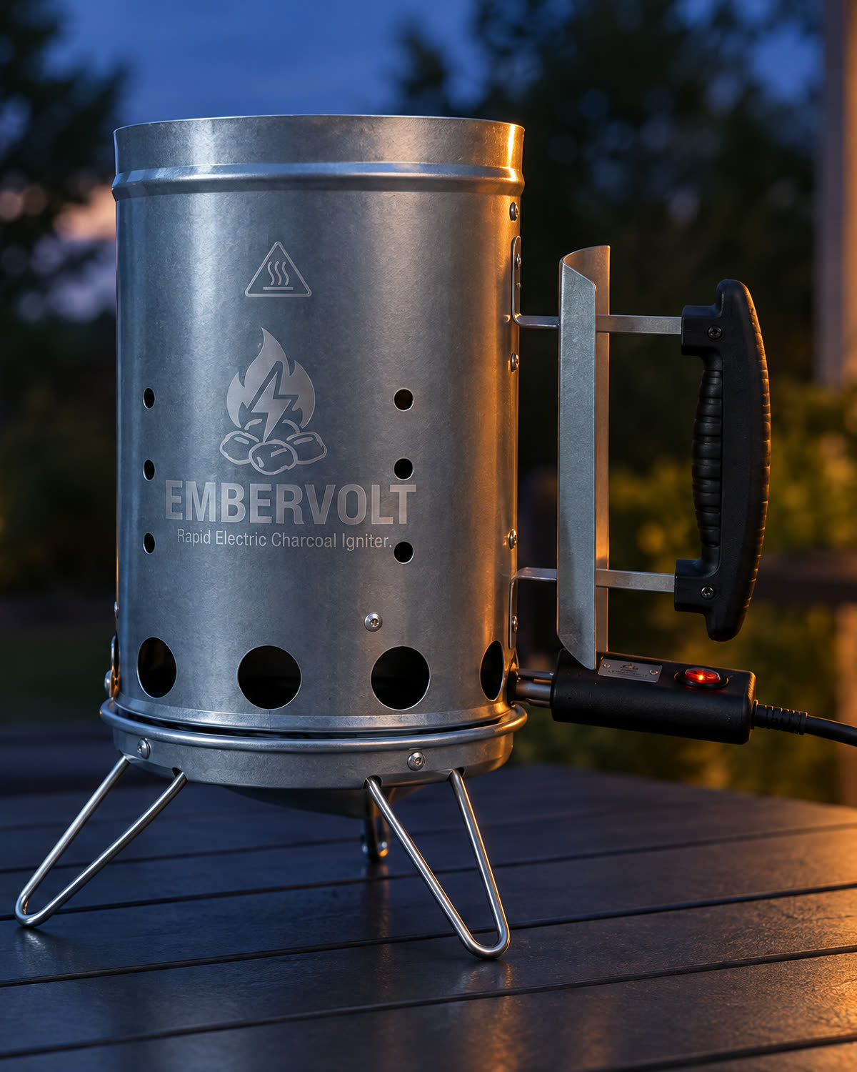 Embervolt chimney, cold, showing the handle, heat shield, tripod legs and vent holes