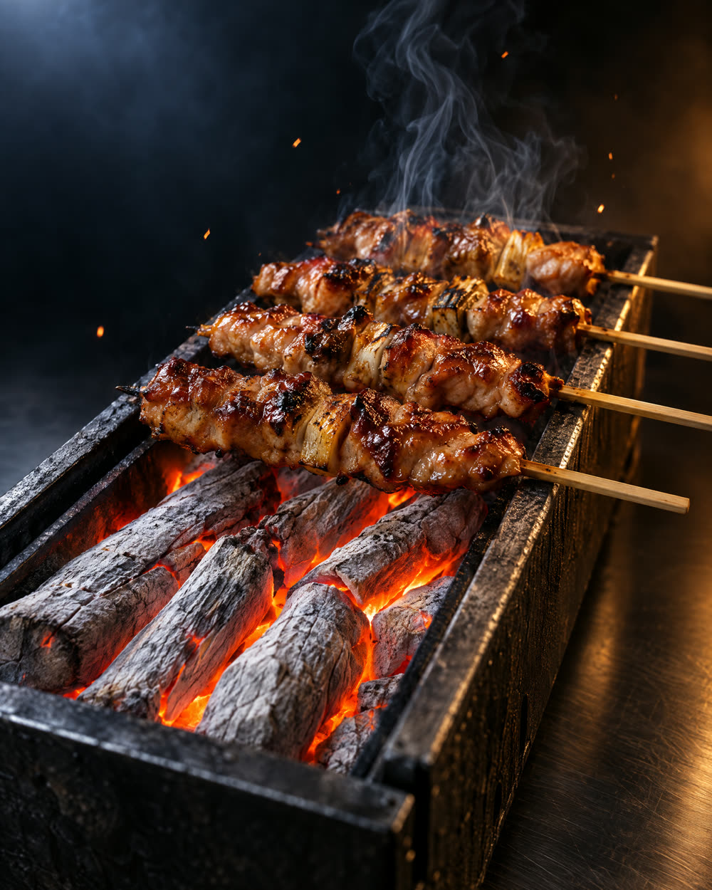 Chicken yakitori on a tabletop grill over glowing white binchotan charcoal